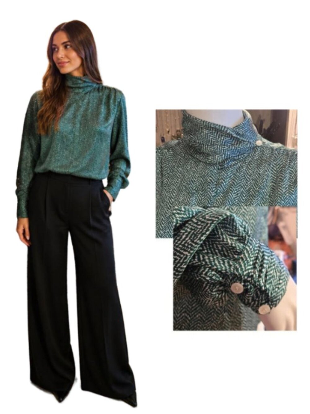 Vintage Satin Green Printed Blouse size Large 12